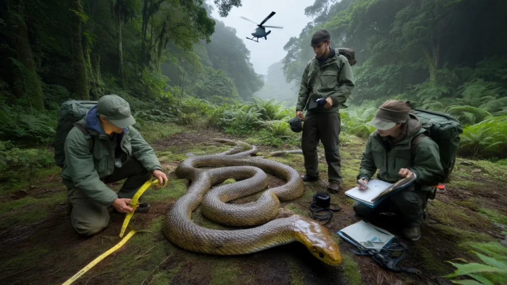 Field biologists freeze when they spot this record breaking snake specimen hiding in remote jungle