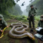 Field biologists freeze when they spot this record breaking snake specimen hiding in remote jungle