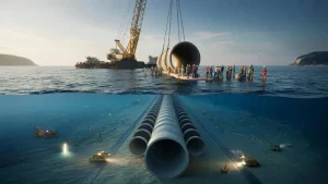 Workers are now lowering concrete tubes 1,000 meters down as underwater rail line begins stitching continents together