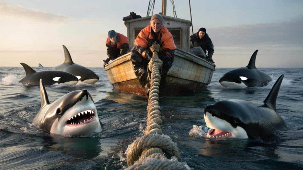 Fishermen Watch in Horror as Sharks Attack Their Anchor Rope Right After Orcas Surround Boat